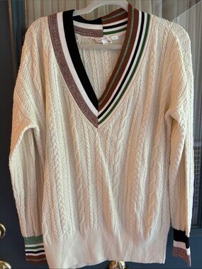Veronica Beard Cream Cable-Knit V-Neck Sweater with Brown, Black & Green Trim